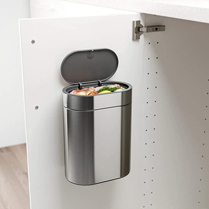 "Stylish stainless steel touch top bin from IKEA for kitchen organization"