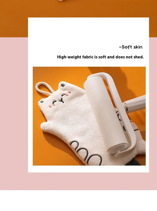 Digital Shoppy Cute Kitten Coral Fleece Hand Towel – Hanging Quick-Dry Kitchen Scarf Beige