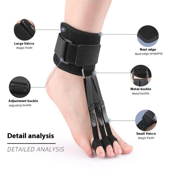 A flexible foot brace with adjustable straps to help straighten and protect toes from curling or overlapping.