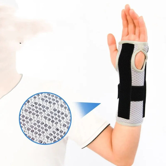 Adjustable wrist brace with a lightweight aluminum splint, secure straps, and ergonomic support.