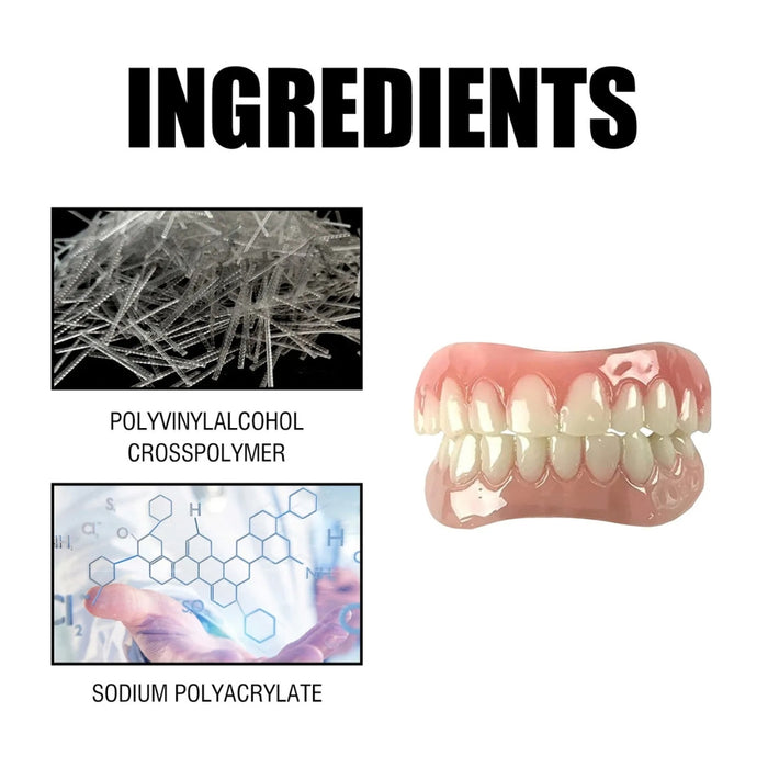 Ingredient breakdown showing Polyvinylalcohol Crosspolymer and Sodium Polyacrylate used in denture reline formulation