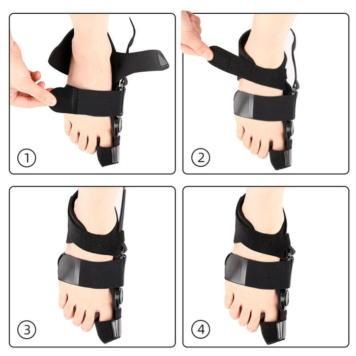 Step-by-step guide showing how to wear black valgus orthopedic foot protector on right foot