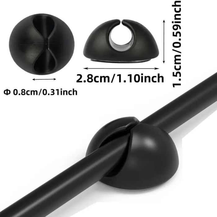 Cable Organizer Clips – 5pcs Black TPR, Single-Hole Buckle Design, dimension diagram showing diameter, height, and slit width