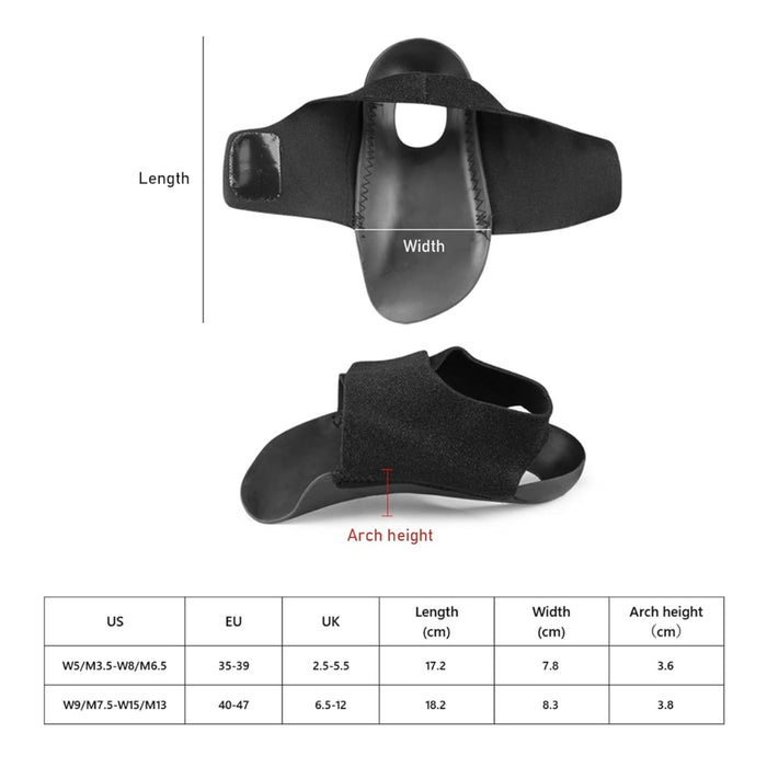 Black arch support with measurements and size chart on a white background