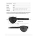 Black quilted pouch with measurements and specifications on a white background