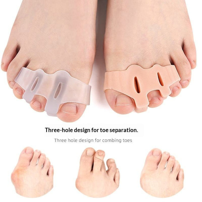Digital Shoppy three‑hole toe separator worn on feet showing translucent and beige color options