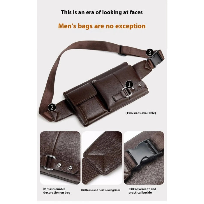 Promotional layout of men’s crossbody bag highlighting decoration, stitching, and buckle – 1600007588949 14145394