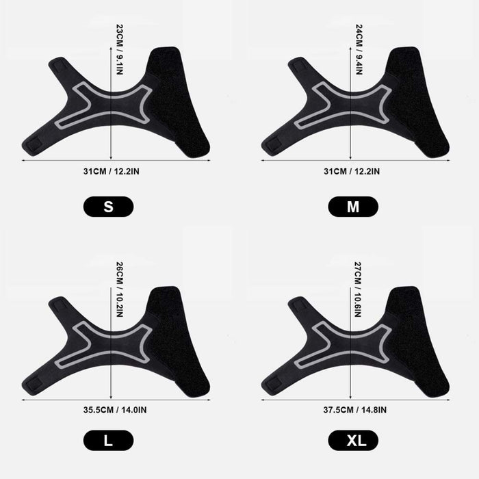 Size chart showing four ankle brace variants – S, M, L, XL with height and width in cm/inches – black and gray flexible design – 1600007421318 13974240

