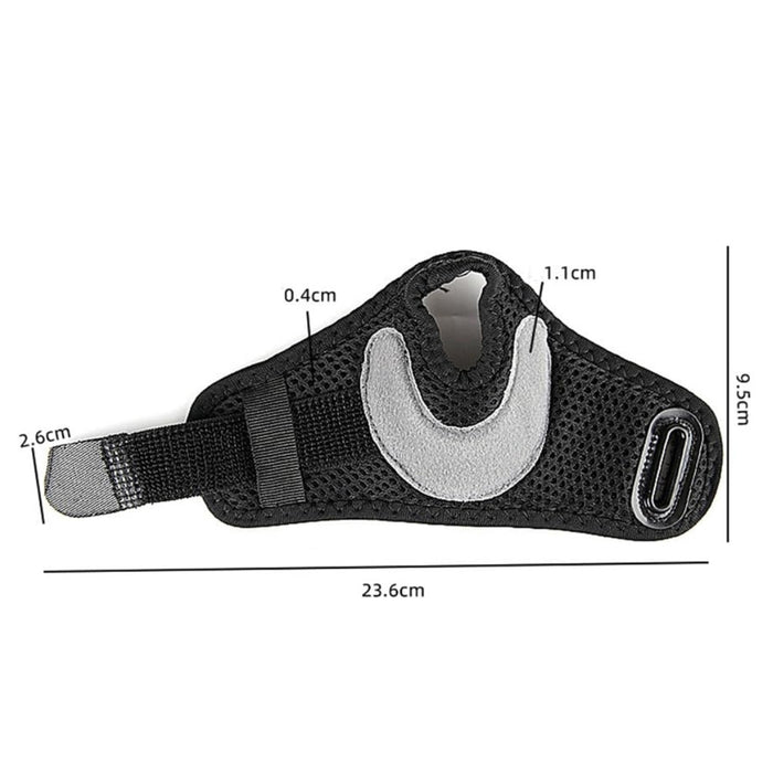 Black and gray glove with measurements on a white background