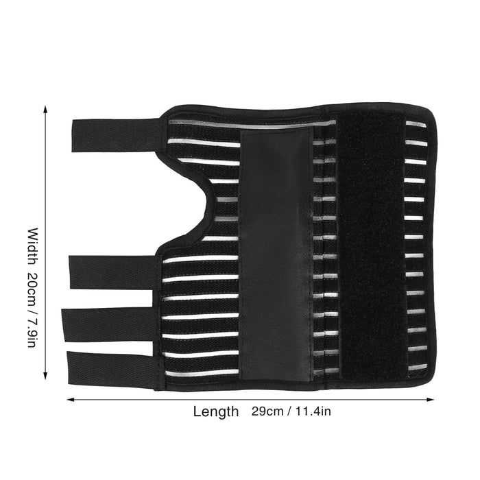  Digital Shoppy black adjustable wrist support wrap laid flat showing elastic bands Velcro fasteners and product dimensions