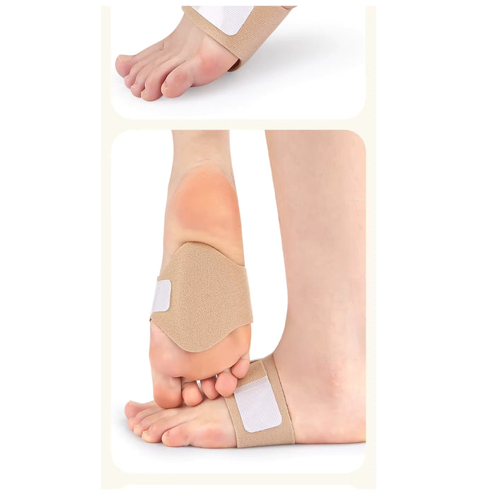 Person wearing beige ankle support brace on a white background