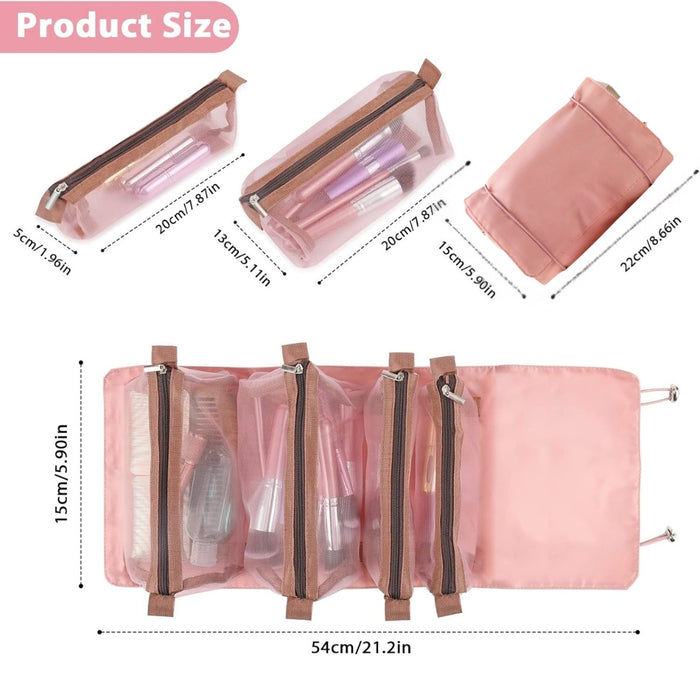 Digital Shoppy 4-in-1 Foldable Cosmetic Bag – Detachable Mesh Pouches for Women – Pink