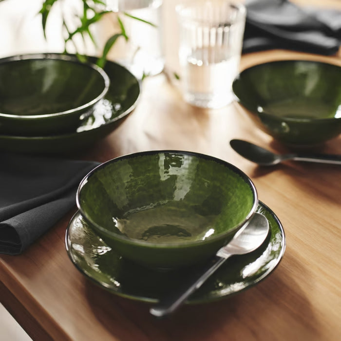 IKEA Green Dining Set with Side Plates 20 cm, Bowls 16 cm, and Woven Placemats 46x33 cm, 6-Piece