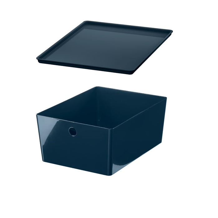 Navy blue storage box with lid on a white background