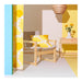 Modern interior with wooden chair, yellow cushions, and a decorative vase against a yellow wall.