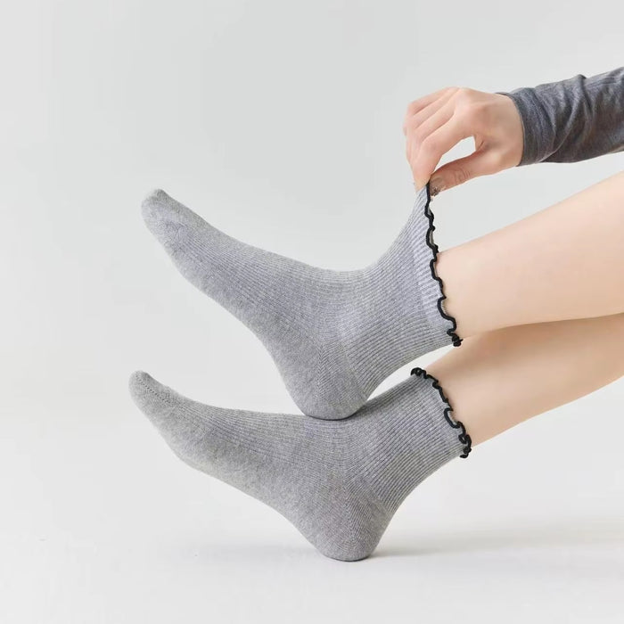 Digital Shoppy 1pair Women’s Knitted Thin Ruffle Crew Socks — Cotton Breathable Casual Spring Summer