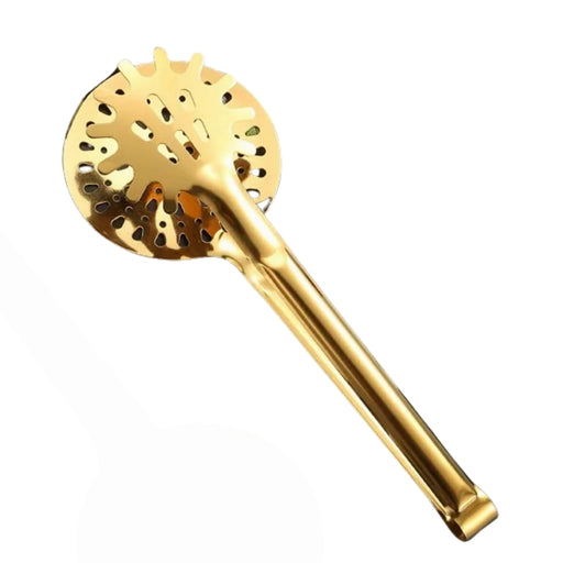 Golden stainless steel kitchen tong with a round, mesh-style perforated filter net at one end—ideal for lifting, draining, and serving fried foods directly from hot oil. The sleek, reflective finish adds a premium touch, making it suitable for both everyday kitchen use and stylish buffet presentations.-1600003112384 13034149
