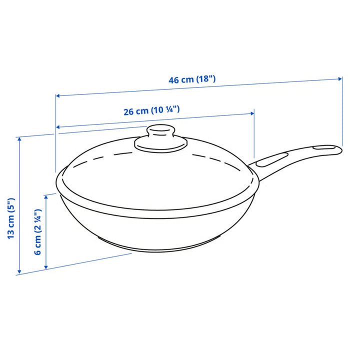 Measurement chart of a frying pan with dimensions labeled