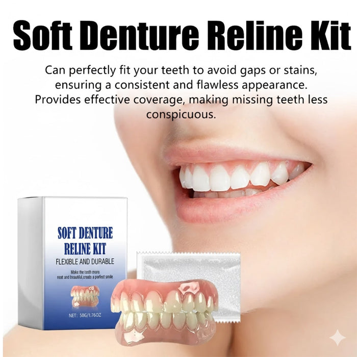 Ad graphic with smiling mouth and dentures, emphasizing gap coverage, stain prevention, and natural appearance