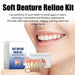 Ad graphic with smiling mouth and dentures, emphasizing gap coverage, stain prevention, and natural appearance