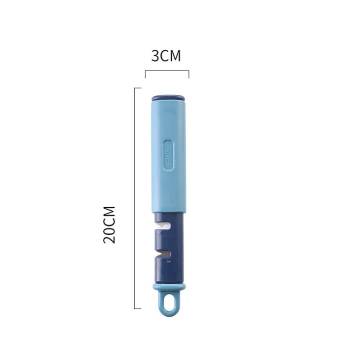 Blue kitchen tool with dimensions labeled on a white background