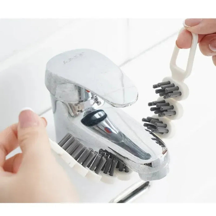 Curved bristle brush scrubbing chrome bathroom faucet – ergonomic grip and flexible design for detailed fixture cleaning – 1600001512507 13955116