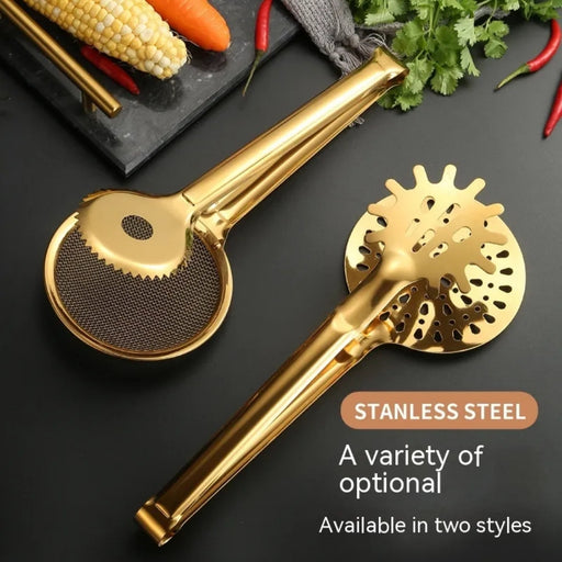 Two stainless steel food filter tongs with a shiny gold finish, placed on a black surface. One tong features a fine mesh strainer with a serrated edge for scooping and draining, while the other has a slotted design with circular perforations and raised bumps for grip- 1600003112384 13034149
