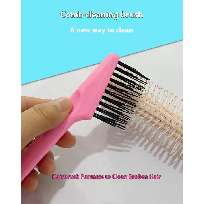 Comb cleaning brush in action—held by hand with black bristles actively removing tangled hair from a round hairbrush; on-image text promotes the product as “Hairbrush Partner to Clean Broken Hair” and “A new way to clean” – 1600006854656 13271574.