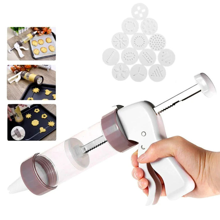 Handheld cookie press with various cookie cutters on a white background