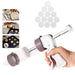 Handheld cookie press with various cookie cutters on a white background