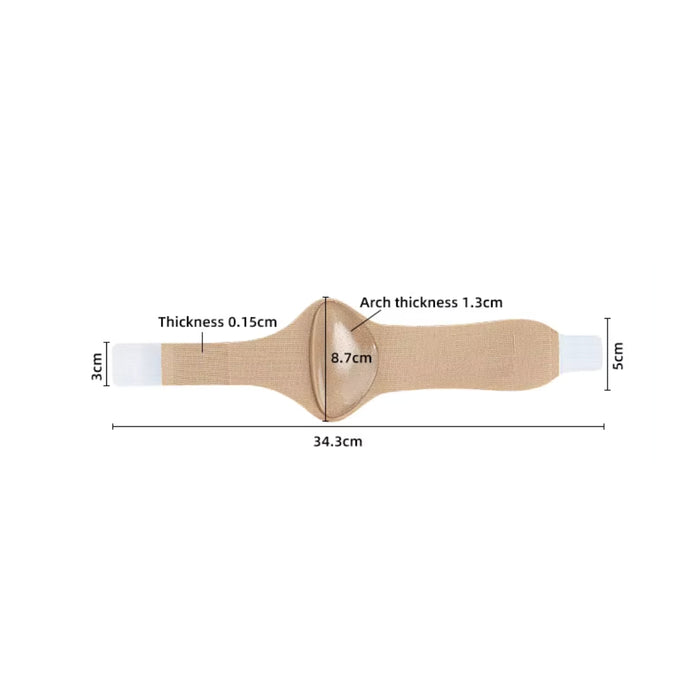 Measurement chart of a beige bandage with dimensions labeled on a white background