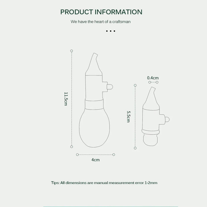 Product dimension diagram of nasal aspirator showing height, width, and ergonomic design for infant use