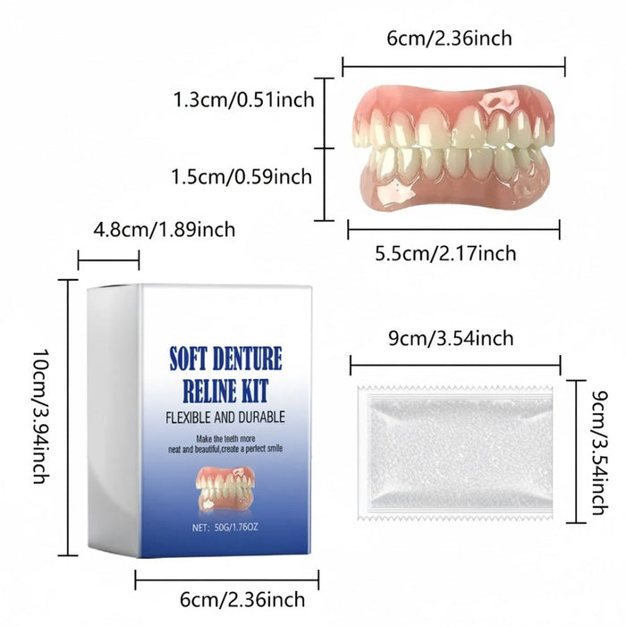 Dimension chart for denture set, kit box, and packet, helping users visualize product size and packaging