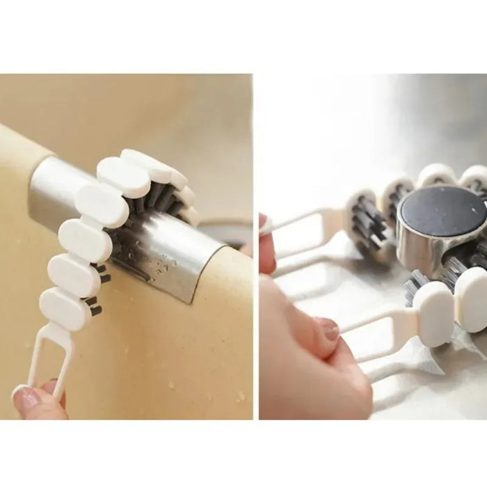 Cleaning tool with multiple small brushes used on curved metal pipe – dual-view showing grip and scrubbing action – 1600001512507 13955116