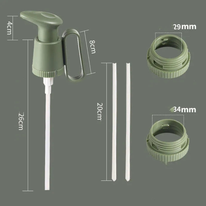 Green pump and nozzle components with measurements on a gray background