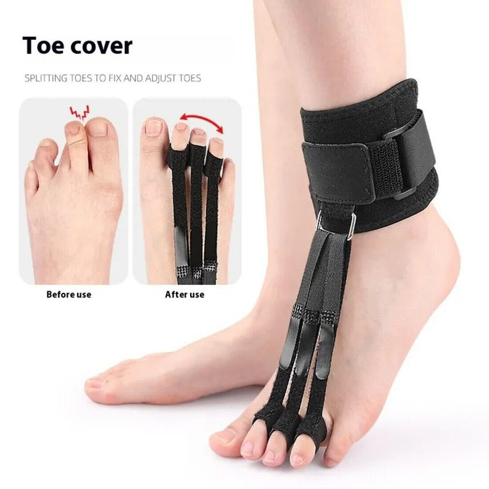 A foot protector device designed to adjust toe alignment, featuring bendable and overlapping straps for customizable support.