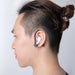 Anti-lost and anti-drop earphone buckle—black TPU ear hook accessory securing a white wireless earbud in the ear of a person with hair tied in a bun; designed for comfort and stability during movement – 1598446121758 13260401.