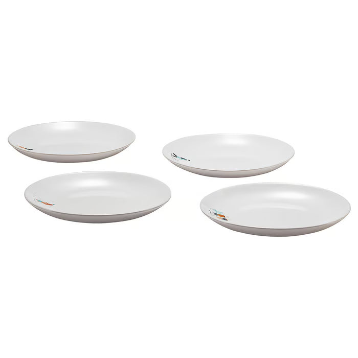 IKEA SPJUTLILJA side plates set of 4 white stoneware with illustrated edge patterns top view #60612894