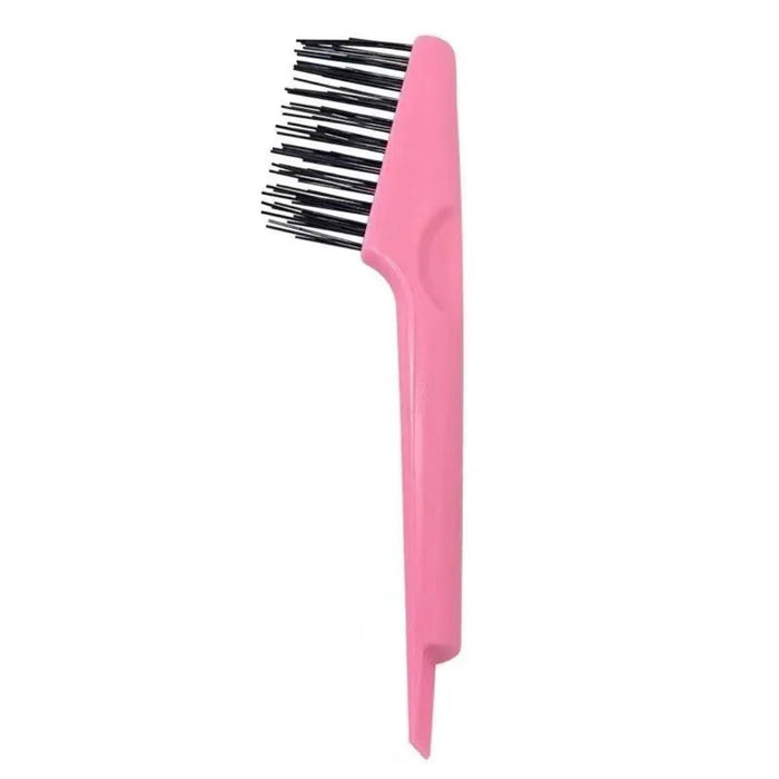 Comb cleaning brush with pink handle and dense black bristles—compact tool designed to remove hair and dust from comb teeth; ergonomic grip for easy handling and hygiene maintenance – 1600006854656 13271574.