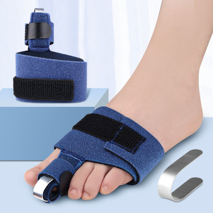 Protective toe cover with a flexible aluminum plate and adjustable band for stabilization and comfort during healing.