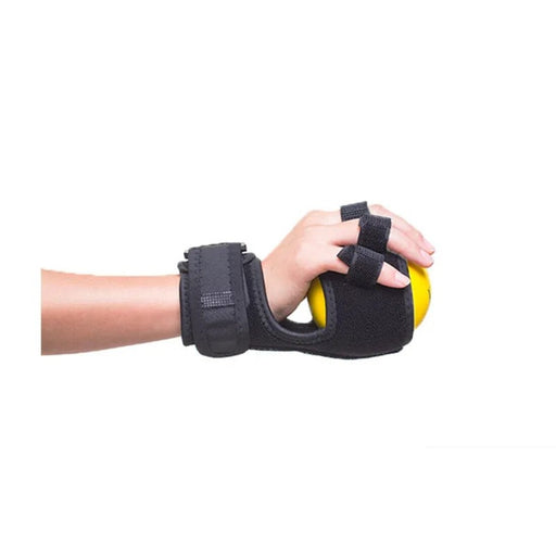 Close-up of a finger rehabilitation grip device with soft-textured handles, showing finger placement for strength training.