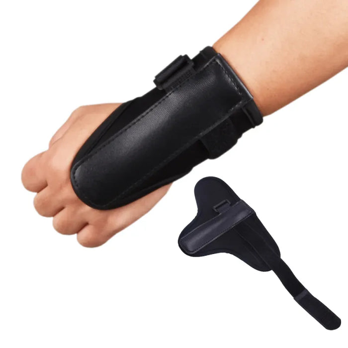 Black wrist correction band with adjustable straps, featuring a secure Velcro closure for improved wrist stability during sports and rehabilitation exercises. Designed for comfort and flexible movement.