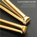 Close-up of two golden stainless steel kitchen tongs with a focus on their long, ergonomic handles. Text on the image reads: “Comfortable handle – STAINLESS STEEL KITCHEN UTENSILS – Humanized handle design, comfortable to hold.” The curved handles appear smooth and well-balanced, ideal for extended use during cooking or serving hot foods.- 1600003112384 13034149
