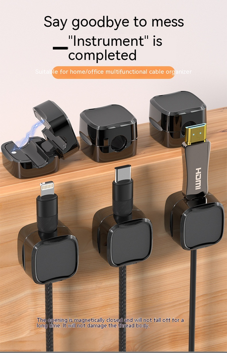 Before/after: tangled cables vs. organized with magnetic clips