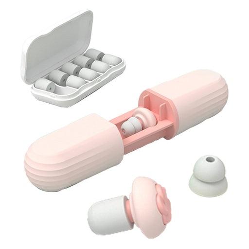 Soft silicone earplug set with pink and white tips stored in a compact travel case for sleep comfort