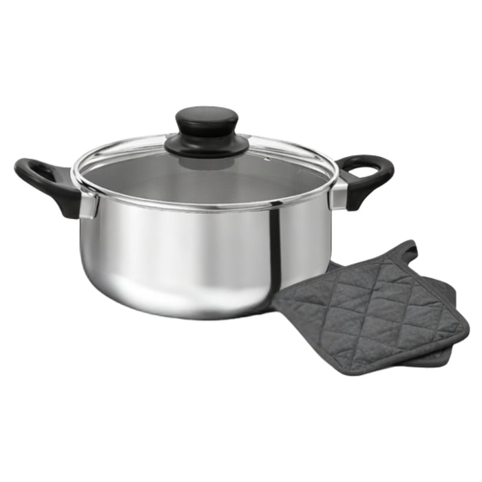 IKEA Kitchen Set: ANNONS 2.8L Stainless Steel Pot with Glass Lid & RINNIG Heat Resistant Pot Holders (2-Pack) - Grey