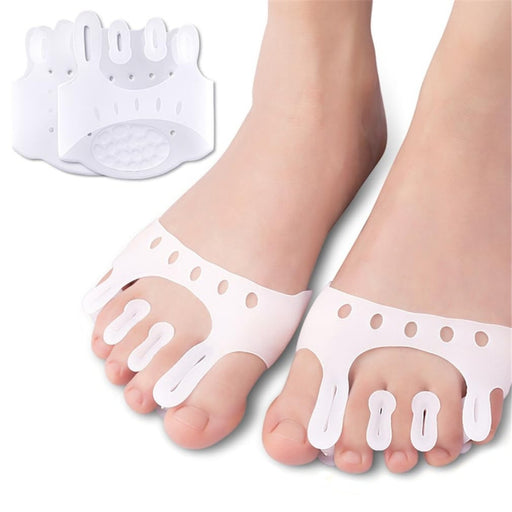Digital Shoppy Hallux Valgus toe separator in white silicone, worn on both feet with split design and breathable holes