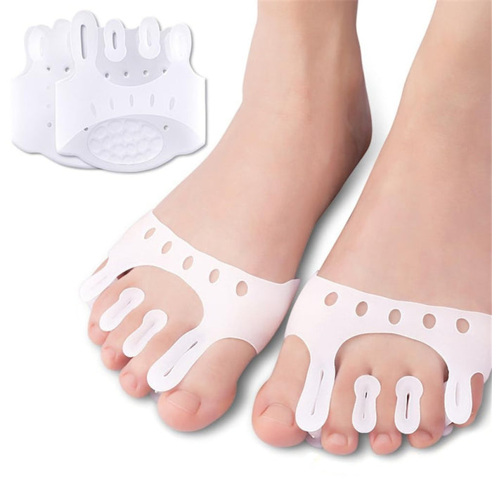 Digital Shoppy Hallux Valgus toe separator in white silicone, worn on both feet with split design and breathable holes