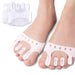 Digital Shoppy Hallux Valgus toe separator in white silicone, worn on both feet with split design and breathable holes