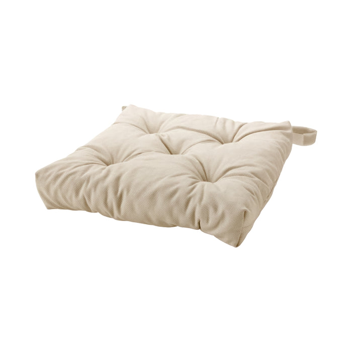 IKEA VILDAURIKEL Chair cushion, light beige, 40/35x38x7 cm 16/14x15x3 inches, featuring a quilted tufted design with stitched buttons and a secure strap—ideal for adding comfort and style to dining chairs and seating areas -20559742.